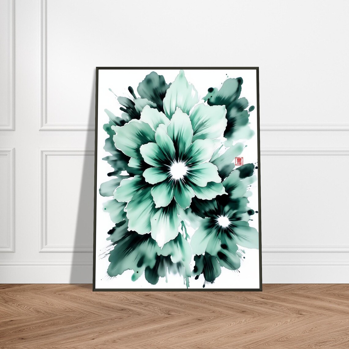 Big Emerald Green Ink Blossom Bold Watercolor Floral Poster Art