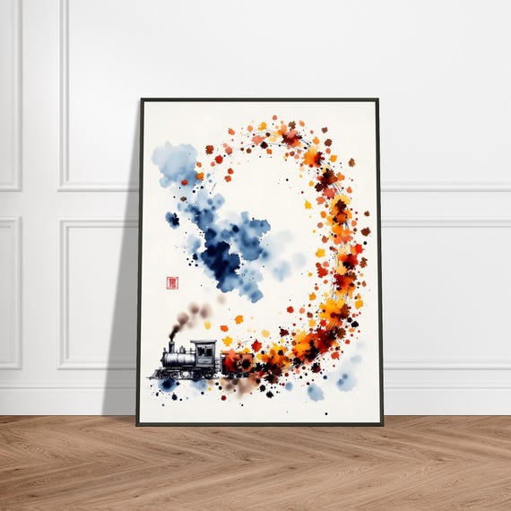 Autumn Leaves Train Art Print Japanese Watercolor Steam Engine Illustration Whimsical Zen Wall Decor Fall Journey Landscape Painting