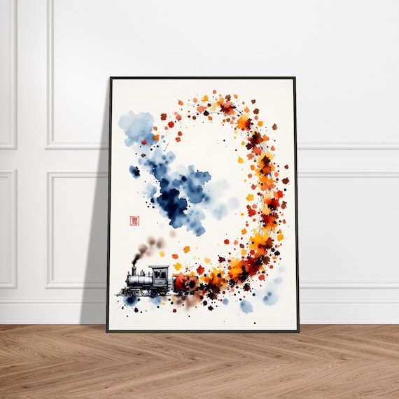 Steam Locomotive Swirling Autumn Leaves Ink Circle Art Poster