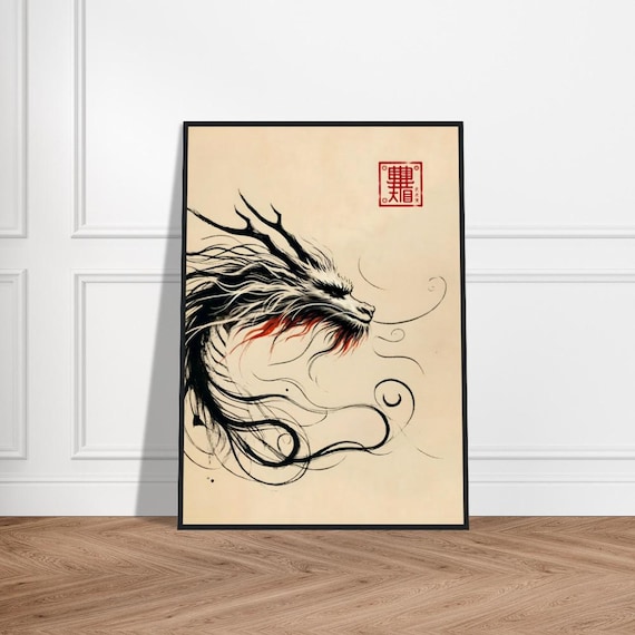 Japanese Black Ink Dragon Head With Crimson Accents Zen Poster