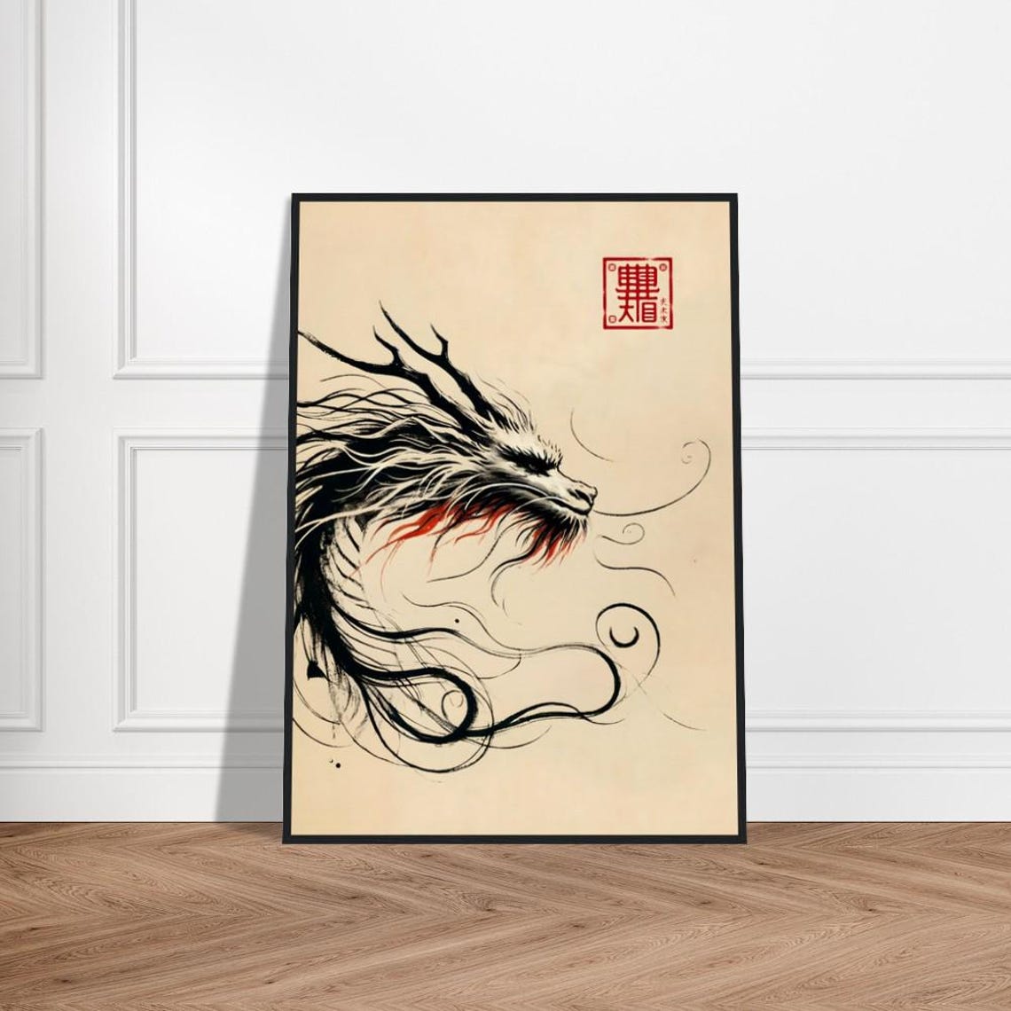 Japanese Black Ink Dragon Head With Crimson Accents Zen Poster