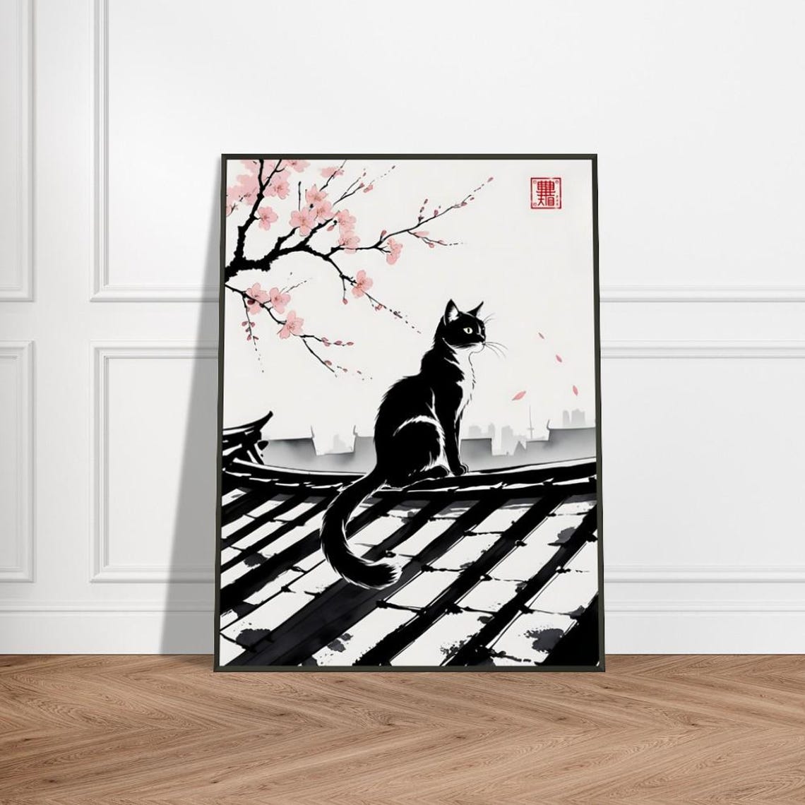 Black Cat Resting on a Rooftop Under Cherry Blossoms Ink Poster