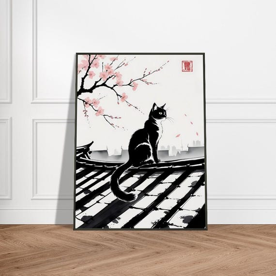 Black Cat And Cherry Blossom Wall Art Japanese Ink Wash Painting With Rooftop Scene Metal Frame Minimalist Zen Decor For Home Or Office