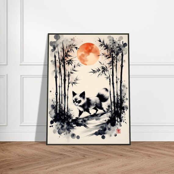 Black Ink Fox Bamboo Forest Orange Moon Japanese Sumi-e Poster