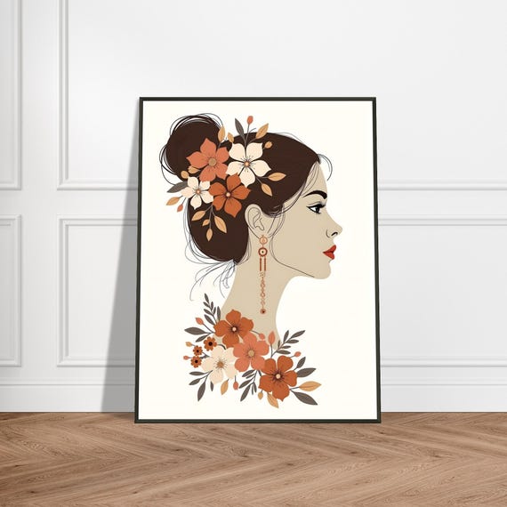Floral Woman Profile Art Print Japaneseinspired Elegant Portrait Illustration Boho Botanical Wall Decor Modern Feminine