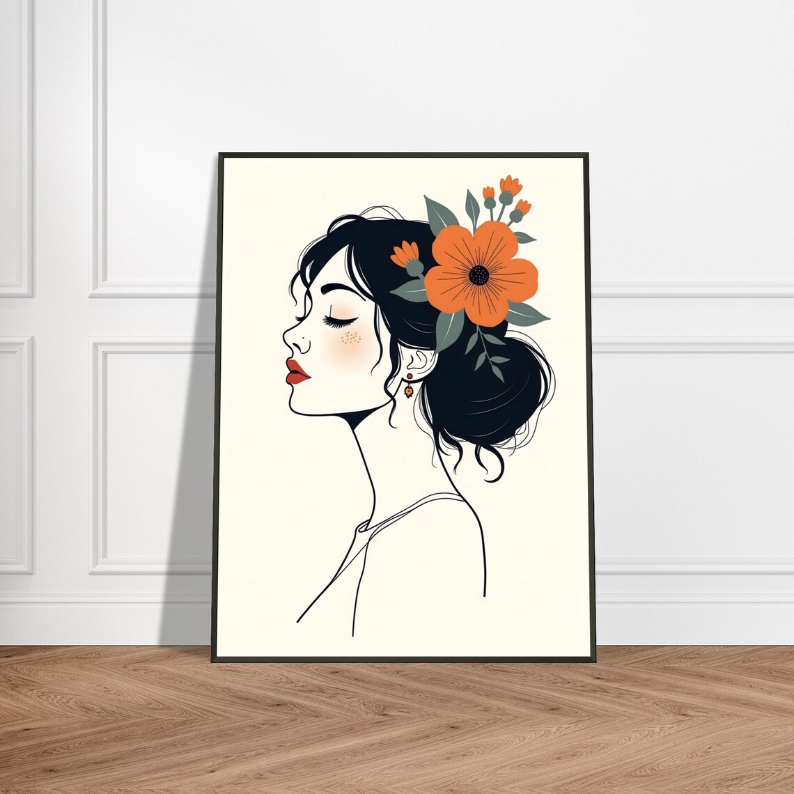 Woman Profile Line Art Poster with Bold Orange Flower in Her Hair