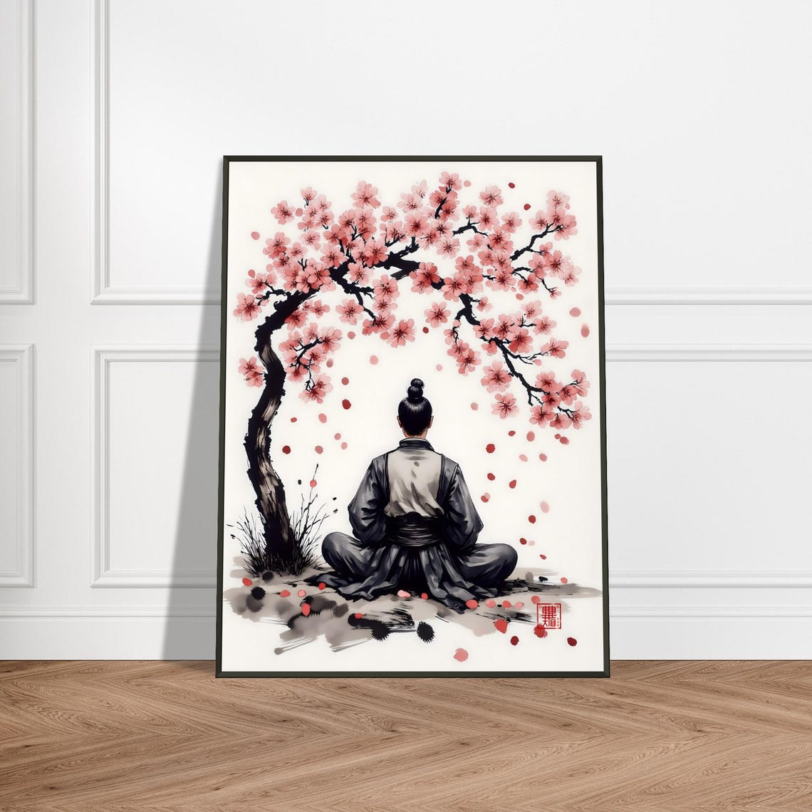 Meditating Figure Under Cherry Blossom Tree Zen Ink Wash Poster