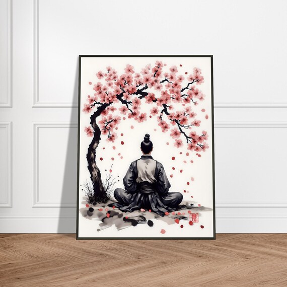 Meditating Figure Under Cherry Blossom Tree Zen Ink Wash Poster