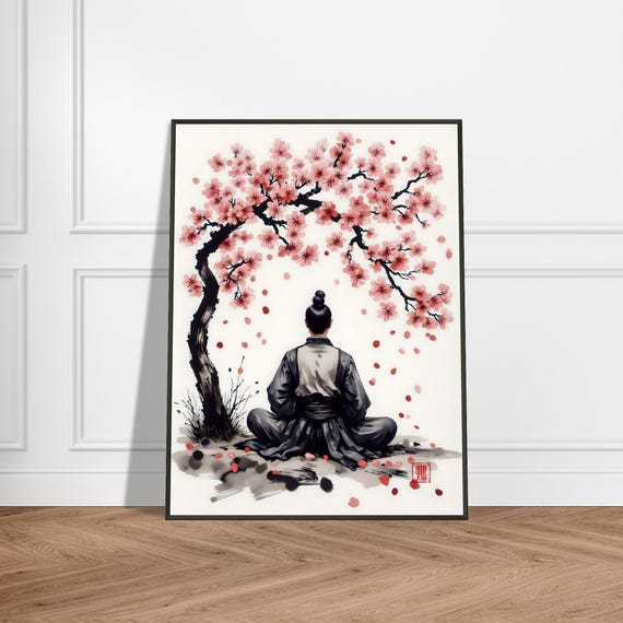 Samurai Meditating Under Cherry Blossom Tree In Japanese Ink And Watercolor Style Tranquil Sumie Art Scene