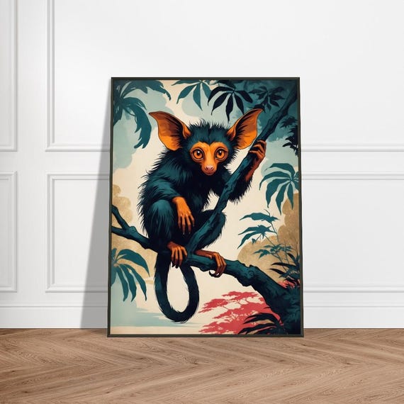 Ayeaye Lemur In Japanese Folklore Style Mystical Jungle Art Print Vibrant Wildlife Illustration Exotic Animal Wall Decor