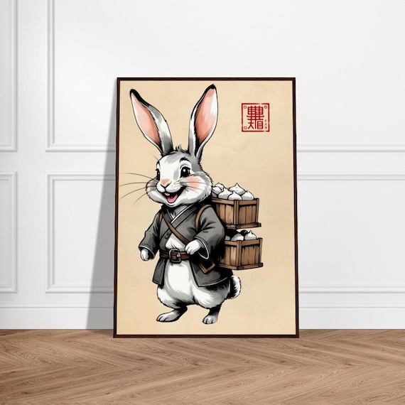 Rabbit Merchant Carrying Dumpling Crates Japanese Art Poster