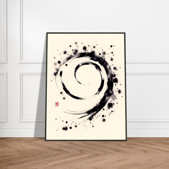 Japanese Enso Spiral Brushstroke Minimalist Zen Ink Wall Art Print With Metal Frame Black And White Abstract Meditation Decor