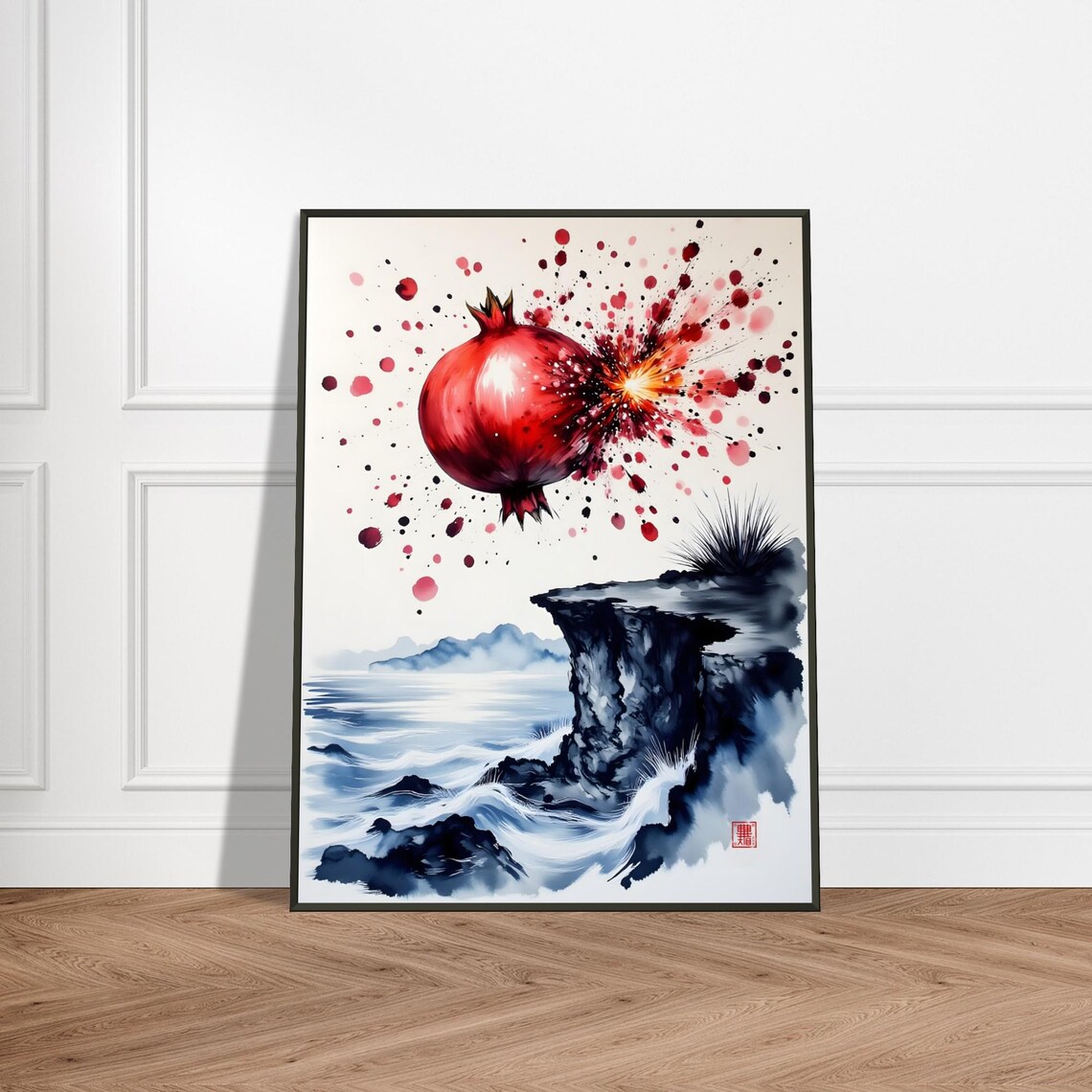 Bursting Pomegranate Over Ocean Cliff Dramatic Watercolor Art Poster