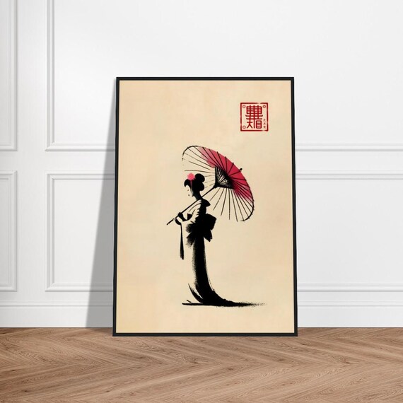 Geisha Silhouette Holding a Red Paper Umbrella Minimalist Poster