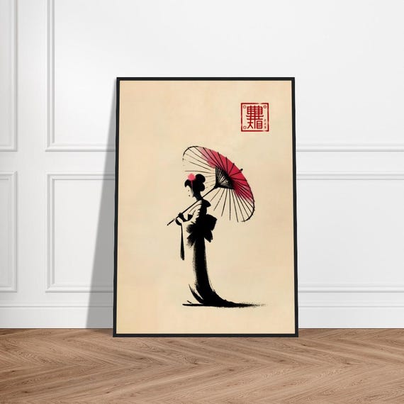 Japanese Geisha Art Poster Minimalist Wall Decor Museumquality Matte Paper Framed Zen Print Cultural Artwork