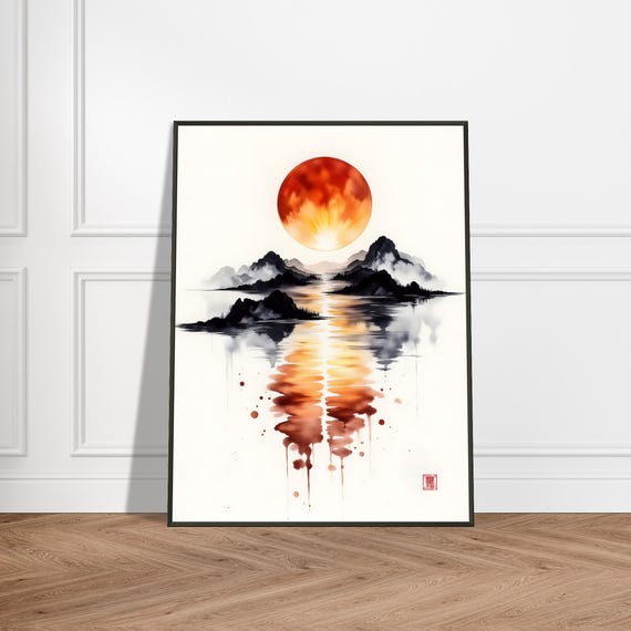 Fiery Sunset Wall Art Japanese Ink Style Sun Over Misty Mountains And Reflective Water Bold Metal Framed Landscape Decor