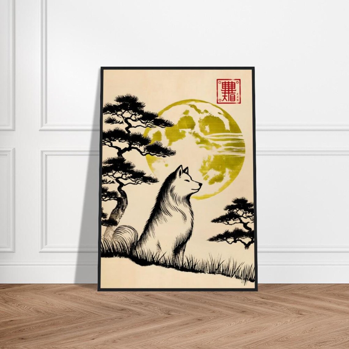 White Fox Gazing Green Moon Pines Japanese Sumi E Ink Poster