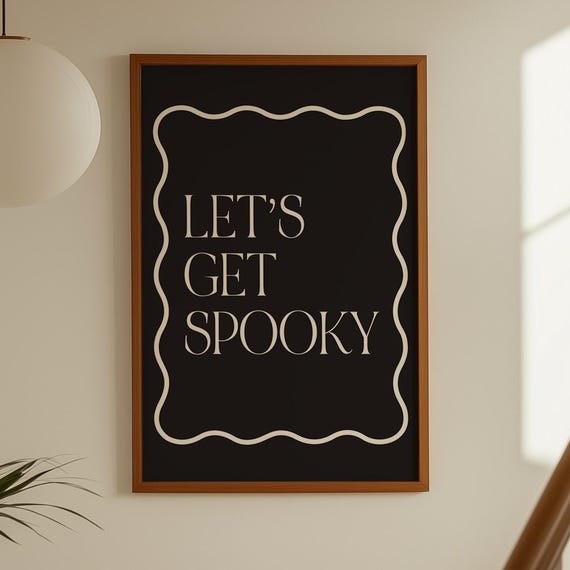 Lets Get Spooky Retro Halloween Wall Art Decorations Sign Autumn Decor Black And White