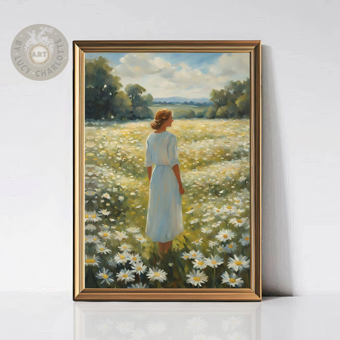 Vintage Daisy Field With Beautiful Woman Oil Painting Country Landscape Art Print Antique Portrait Nature Painting Daisy Print