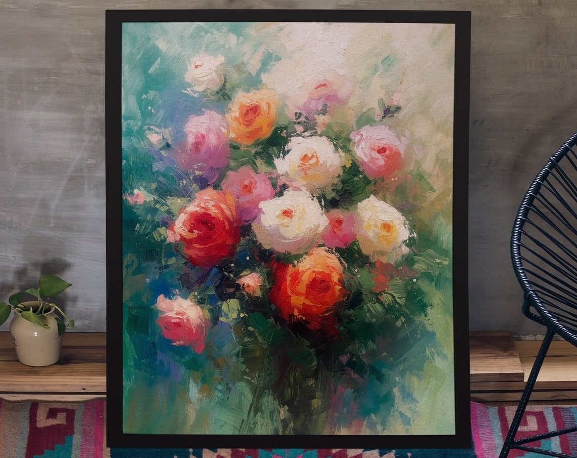 Pastel Rose Bouquet Impressionist Floral Oil Painting Poster