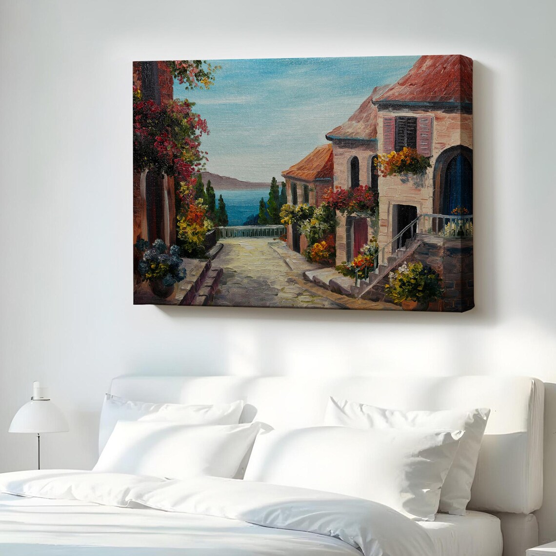 Charming Sunlit Village Street Stone Houses Flowers Sea View Poster