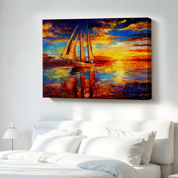 Sailboat Sunset Ocean Oil Painting Colorful Seascape Sail Poster Art