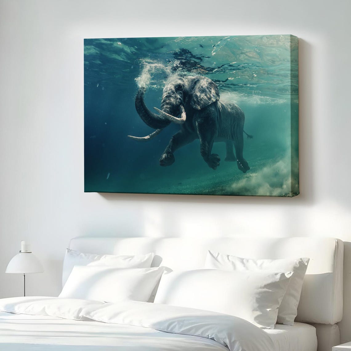 Elephant Swimming Underwater Turquoise Ocean Dramatic Canvas Poster