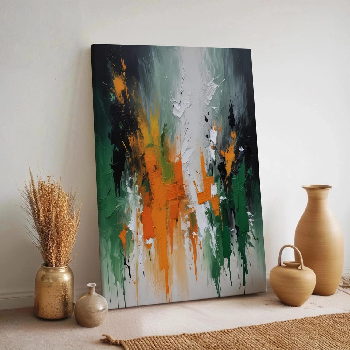 Bold Green Orange Black Abstract Brushstroke Modern Art Poster