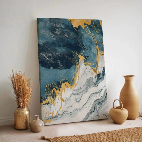 Gold Blue Marble Canvas Wall Art Abstract Fluid Texture Painting Modern Elegant Decor Framed Minimalist Artwork For Living Room Office