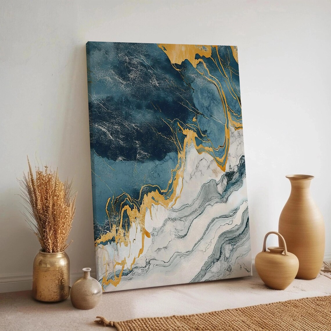 Blue Gold White Marble Abstract Poster Fluid Luxury Texture Modern Wall Decor