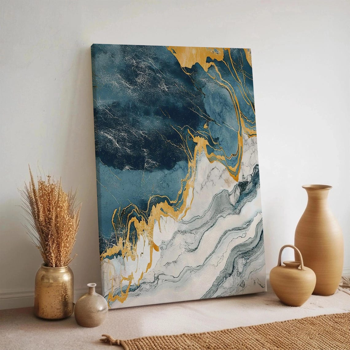 Gold Blue Marble Canvas Wall Art Abstract Fluid Texture Painting Modern Elegant Decor Framed Minimalist Artwork For Living Room Office