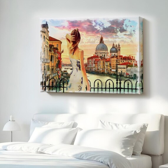 Woman Overlooking Venice Canal Sunset Oil Painting Style Poster