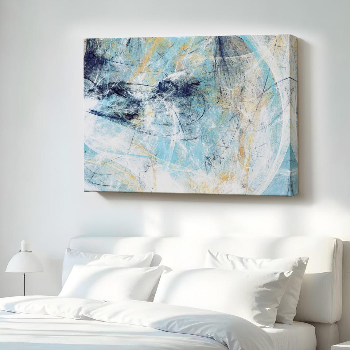 Futuristic Abstract Blue White Gold Swirl Modern Canvas Art Poster