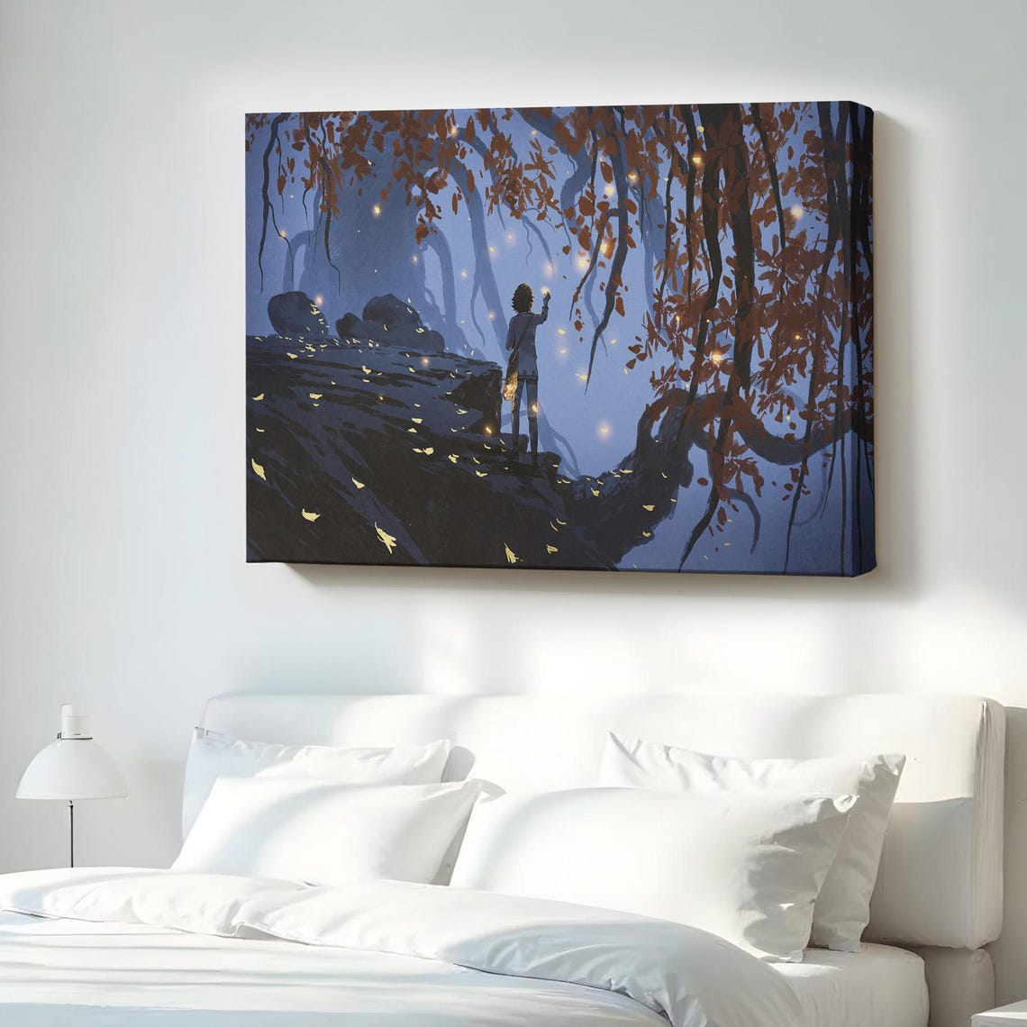 Moonlit Forest Fantasy Night Fireflies Dreamy Blue Woods Poster