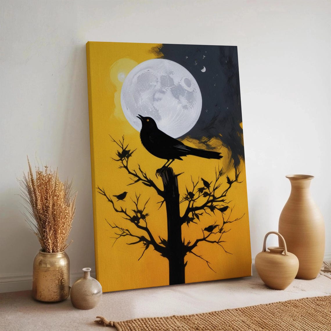 Moonlight Crow Canvas Wall Art Black Bird In Tree Silhouette Mystical Night Sky Gothic Yellow Full Moon Framed Dark Forest Decor