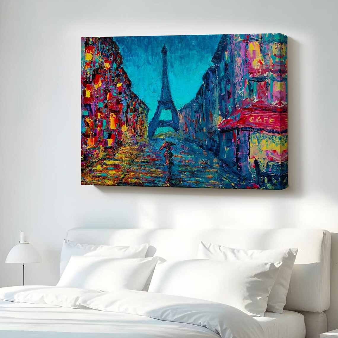 Paris Eiffel Tower Rainy Street Colorful Cafe Painting Poster
