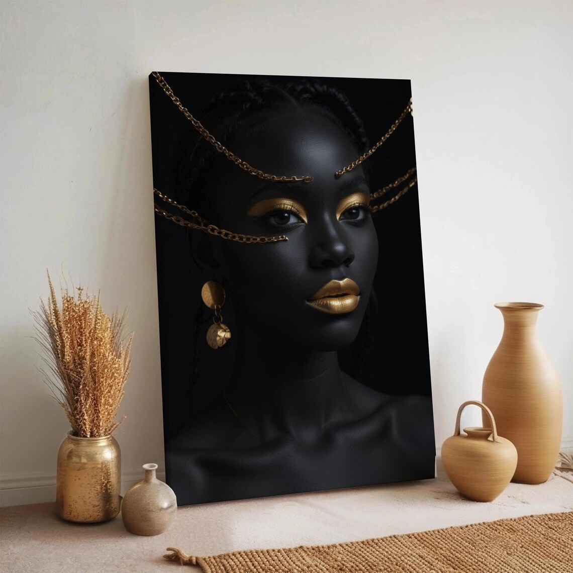 Black And Gold Afro Woman Portrait Luxury Glam Modern Wall Art
