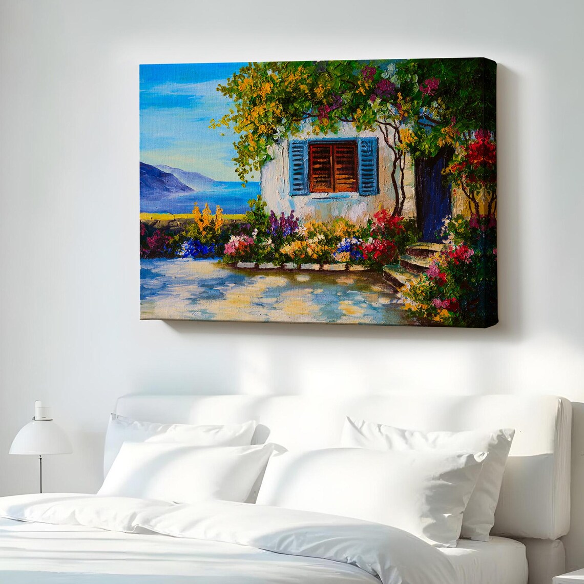 Beautiful House with Sea View Blue Shutters Garden Flowers Coastal Poster