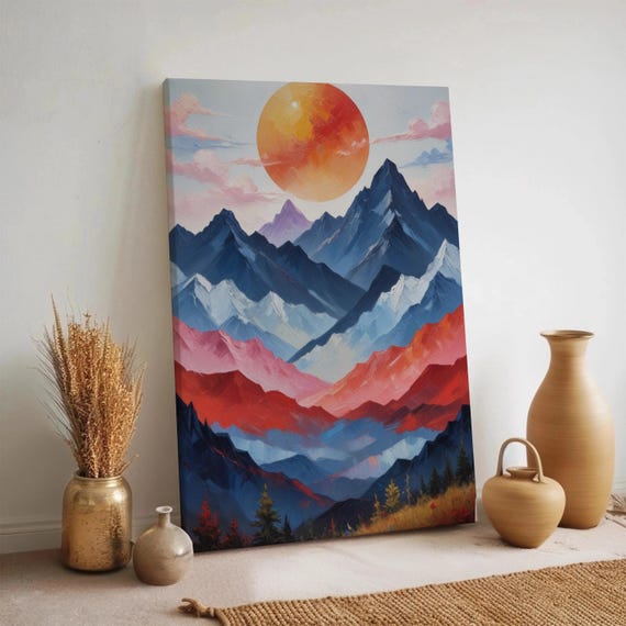 Colorful Mountain Landscape Canvas Abstract Sunset Wall Art Vibrant Nature Print Framed Modern Scene Multiple Frame Options