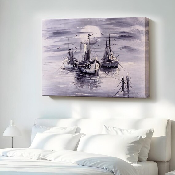 Sailing Ships Moonlit Harbor Monochrome Painting Nautical Canvas Poster