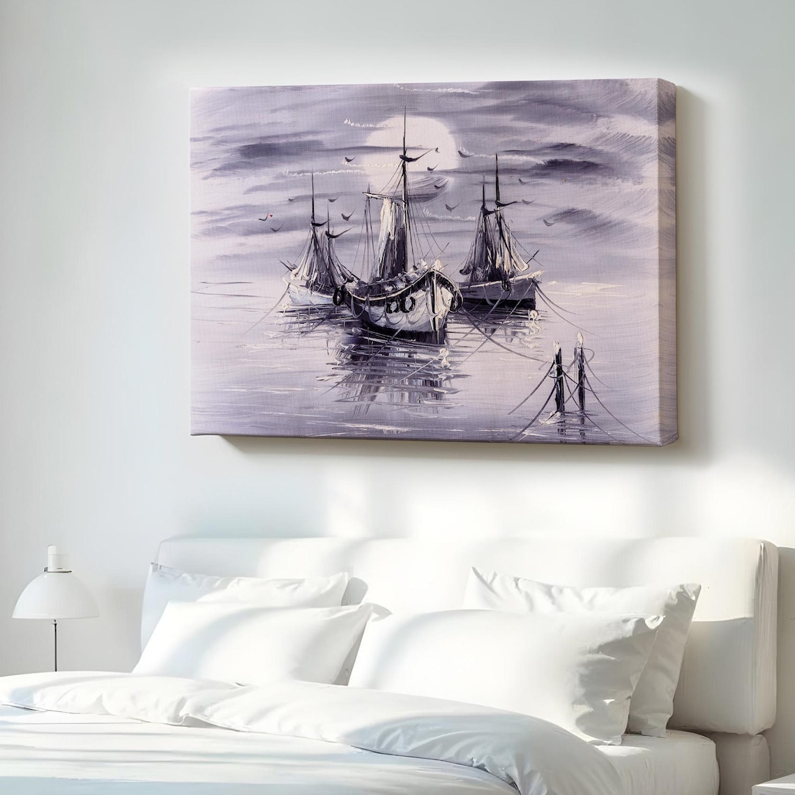 Sailing Ships Moonlit Harbor Monochrome Painting Nautical Canvas Poster