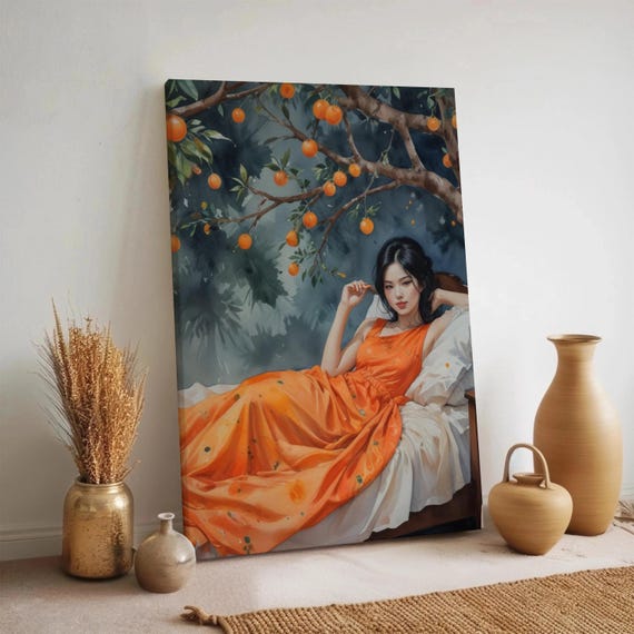 Orange Dress Woman Canvas Botanical Portrait Wall Art Citrus Tree Nature Print Elegant Garden Lady Decor Framed Large Sizes