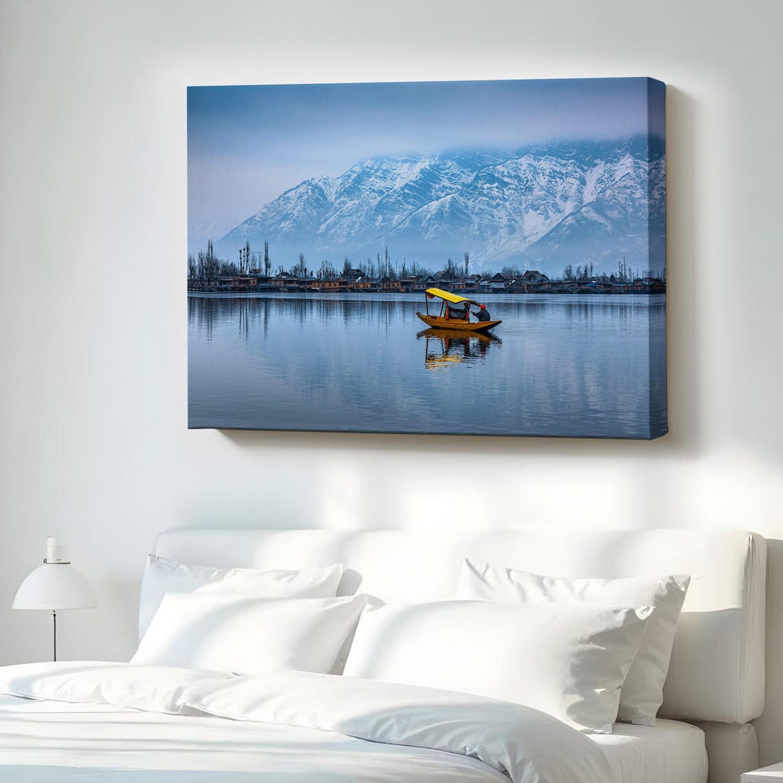 Dal Lake Kashmir Snowy Mountains Shikara Boat Winter Landscape Poster