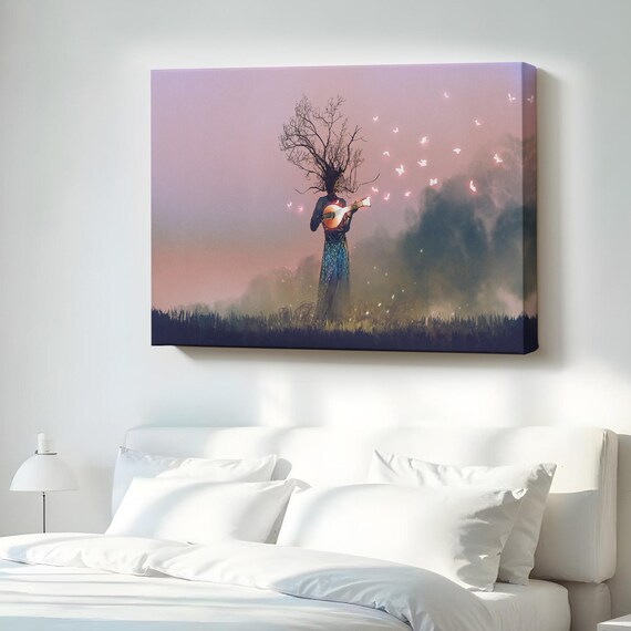 Midnight Woman Playing The Lute Surreal Fantasy Oil Painting Poster