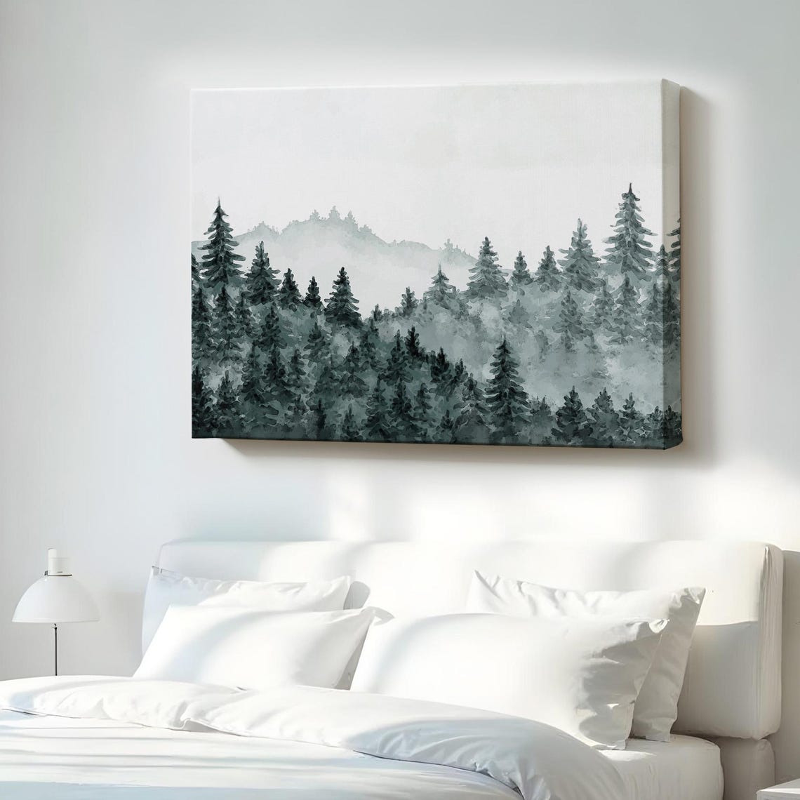 Misty Pine Forest Foggy Mountain Watercolor Landscape Canvas Print