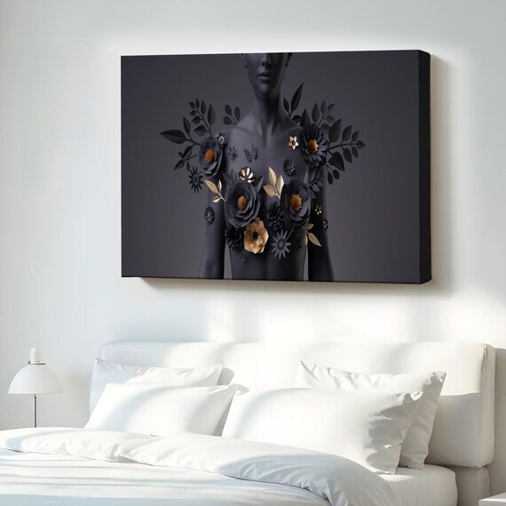 Dark Floral Woman Bust Surreal Modern Black Gold Canvas Art Poster