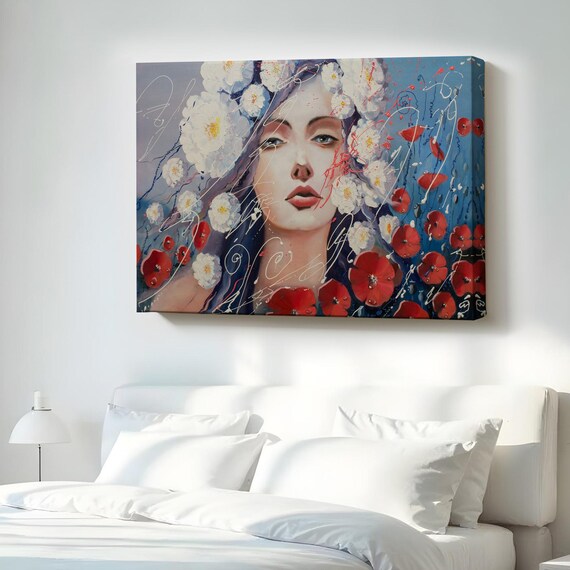 Tears Of Venus Woman Portrait With White And Red Flowers Canvas Poster