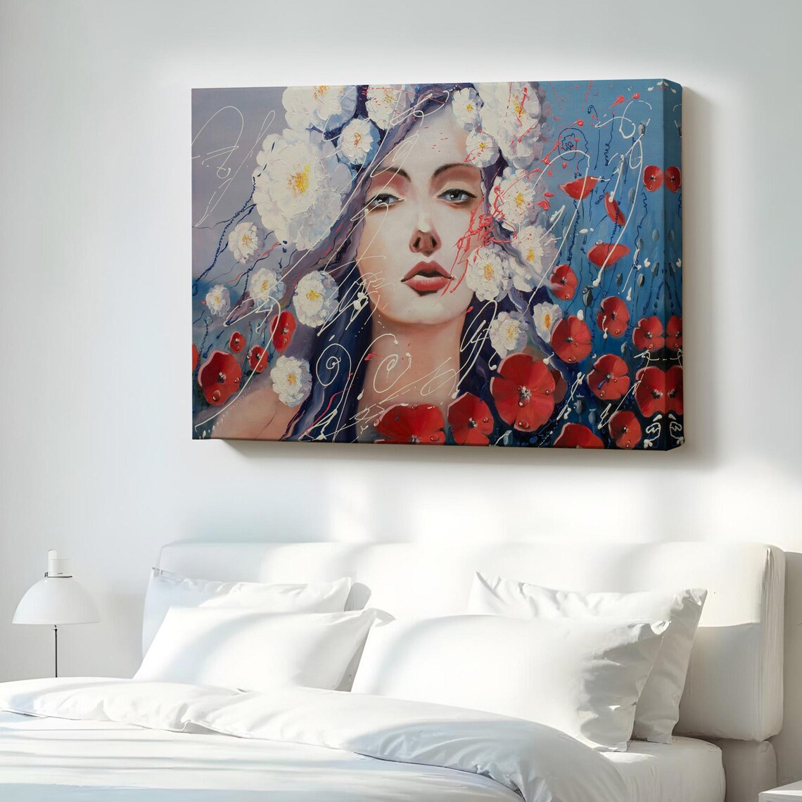 Tears Of Venus Woman Portrait With White And Red Flowers Canvas Poster