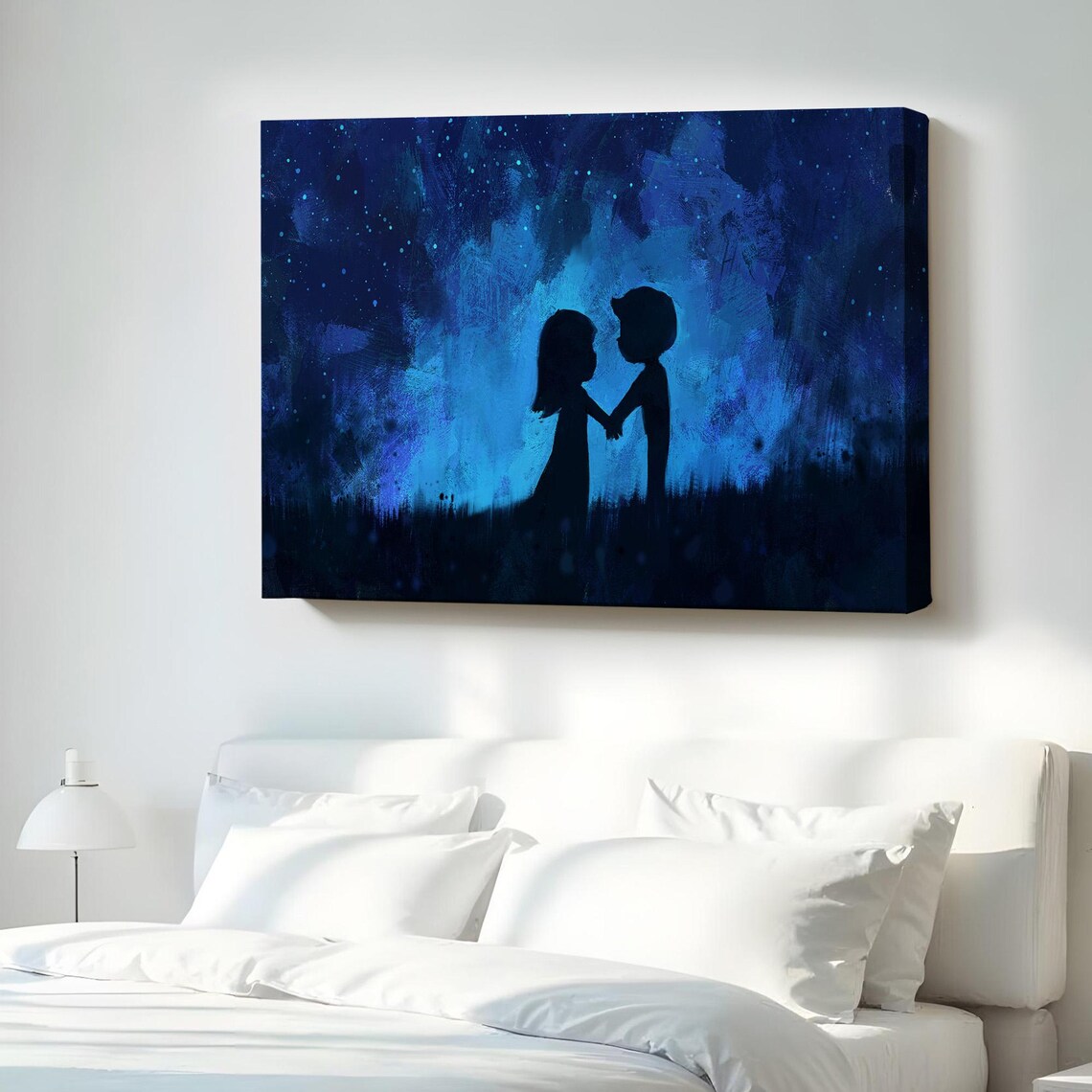 Boy And Girl Moonlight Silhouette Starry Night Romantic Canvas Wall Poster
