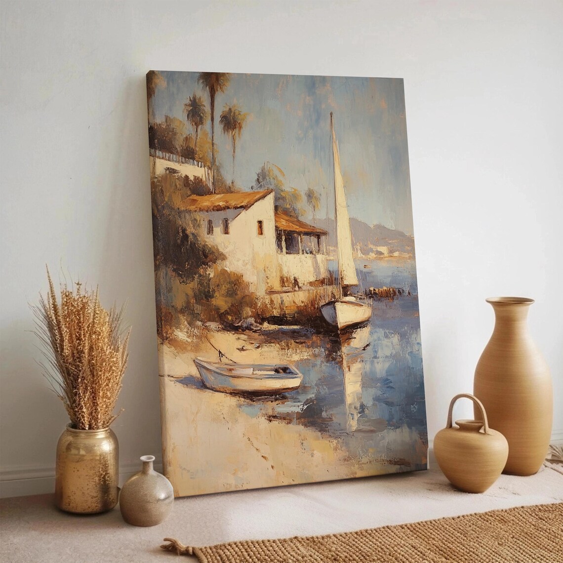 Mediterranean Coast Vintage Boat Seaside House Warm Impressionist Poster